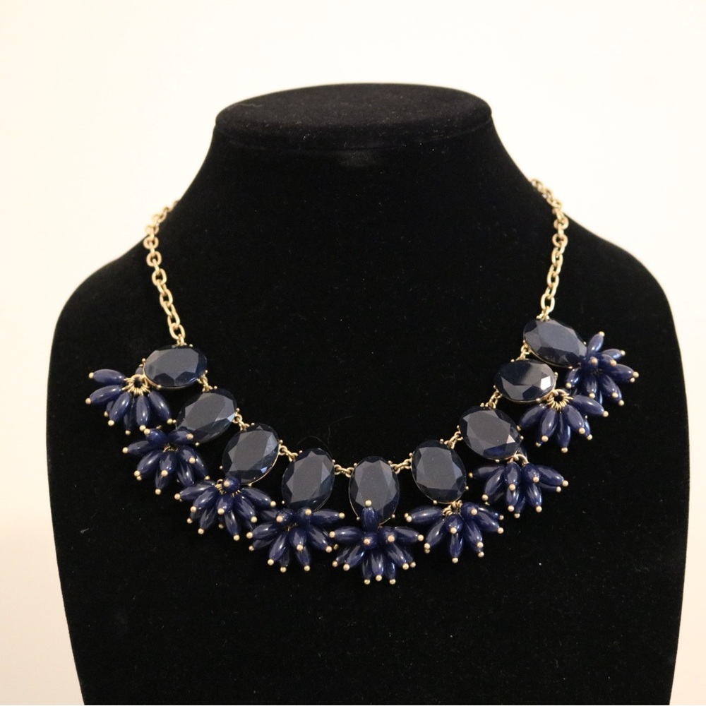 J.Crew Navy Blue Crystal Flower Statement Necklace